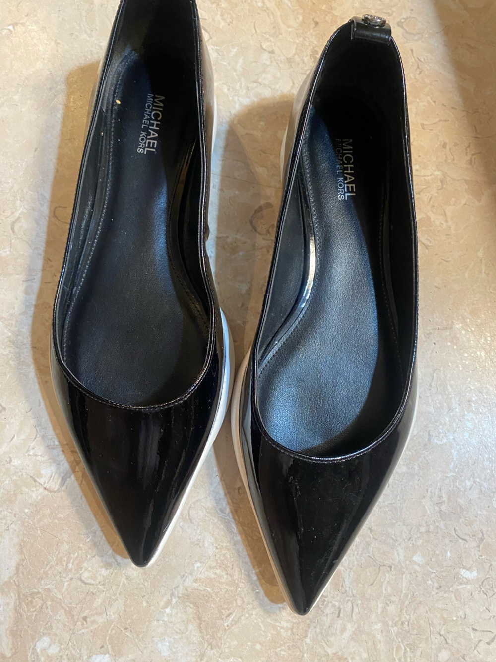 Michael Kors Black Patent Pointed Toe Flats with White Trim